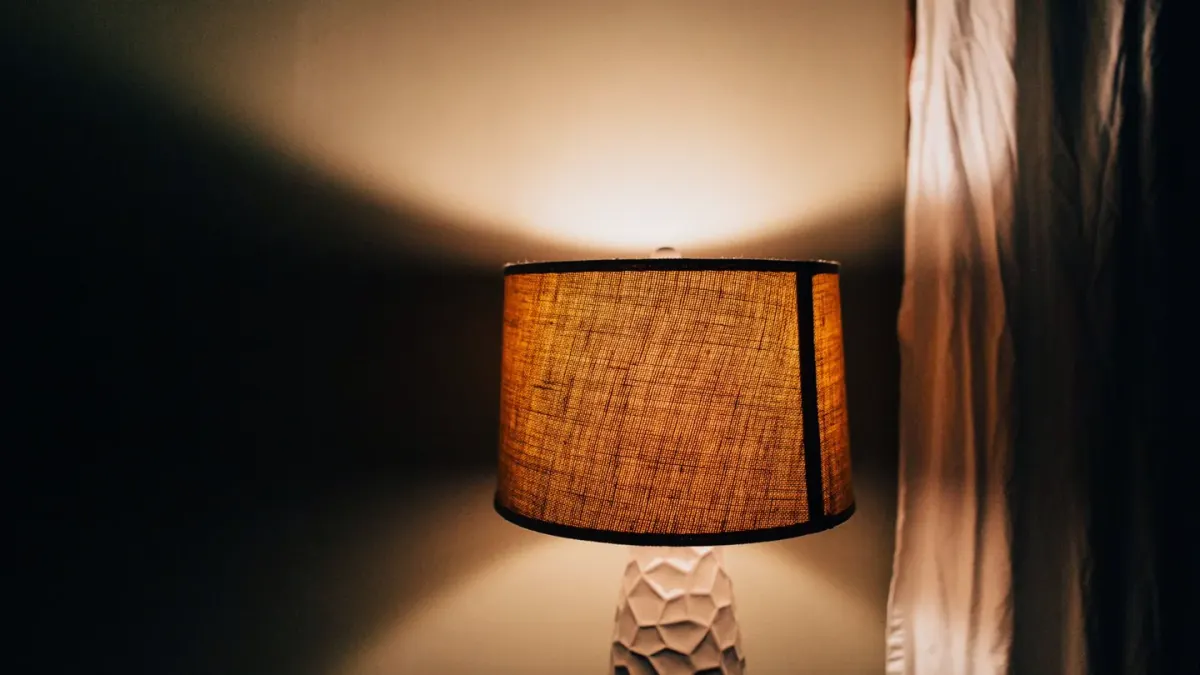 A dog lying calmly on a bed in a dimly lit room at night