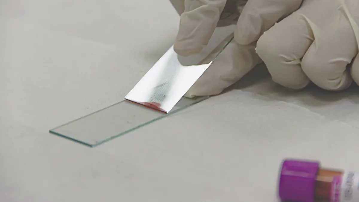 A veterinarian reviewing a stool sample container next to a dog on an exam table