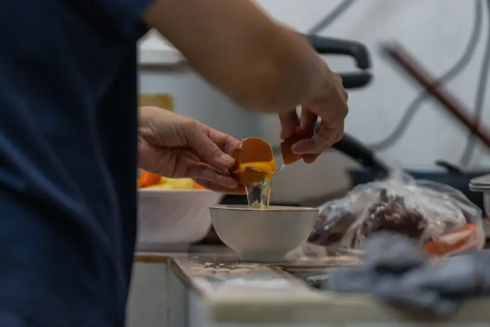 Dog owner preparing dog food kitchen