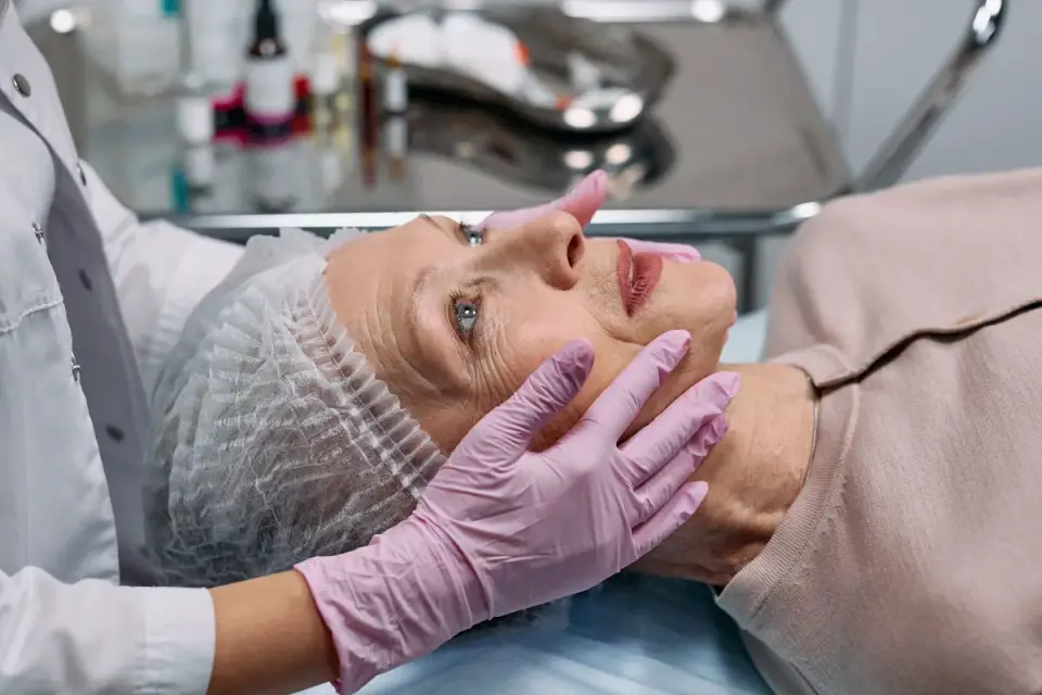 Veterinarian checking a senior dog&#x27;s eyes and head during a wellness exam